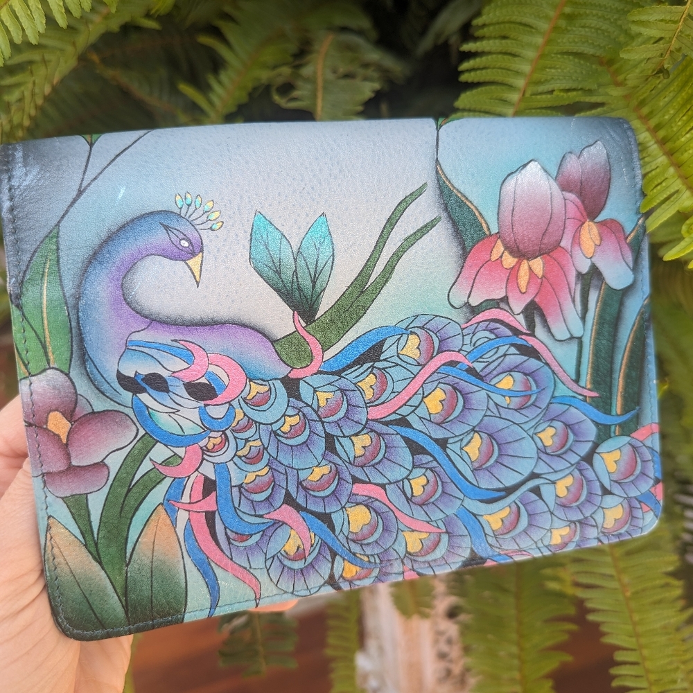 Anuschka Peacock Iris Leather Mini Purse Wallet Wristlet Crossbody Bag